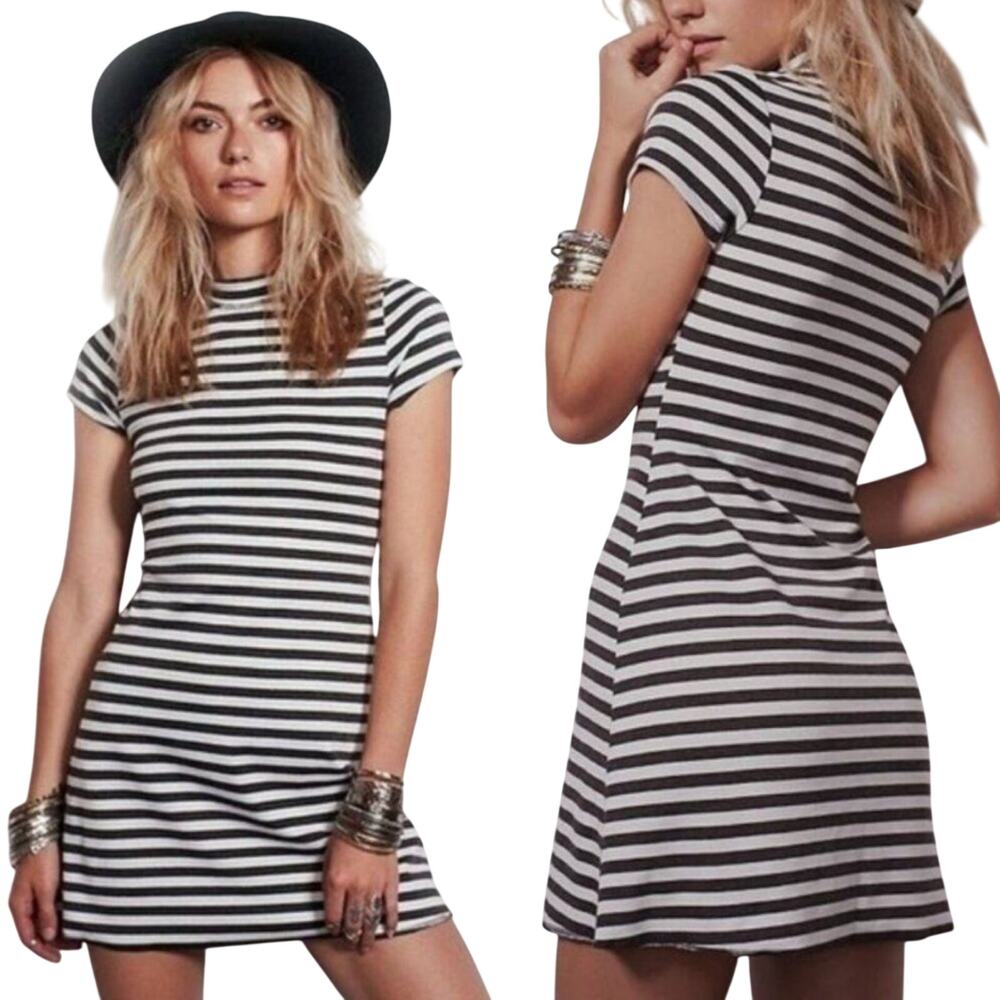 Free People Beach Striped Mini Dress Mockneck Cap Sleeve A Line White Gray M